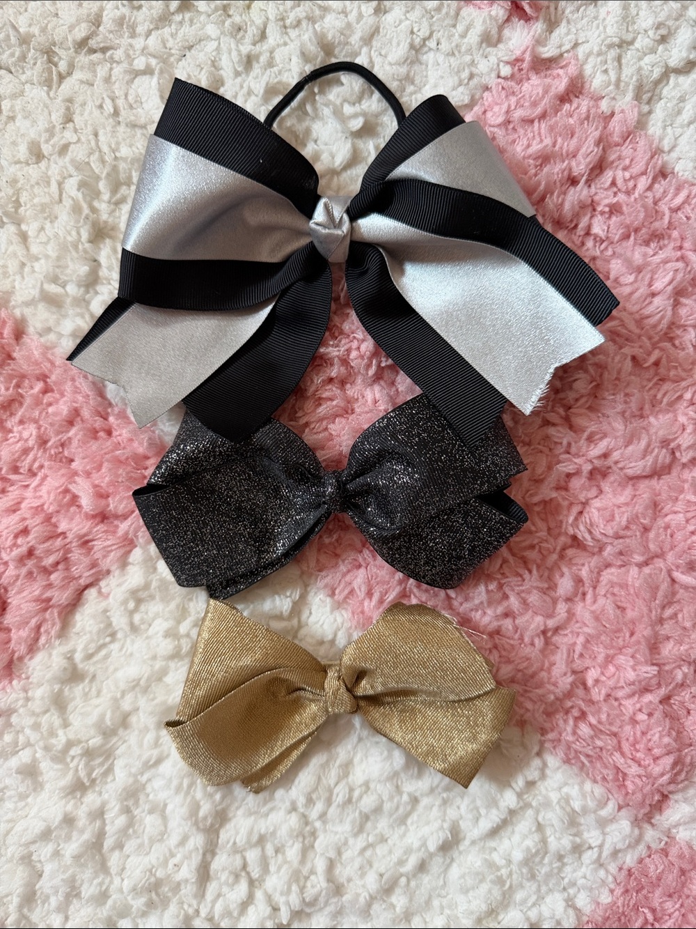 Set of 3 Decorative Hair Bows - Silver & Black, Glitter Black, Gold
